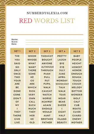 Orton Gillingham Red Words List