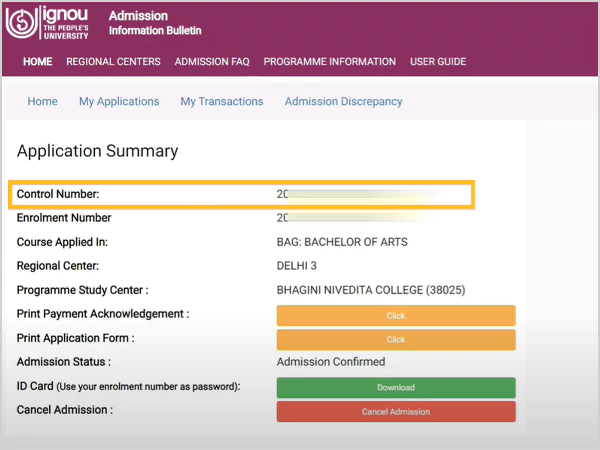 IGNOU Control Number2